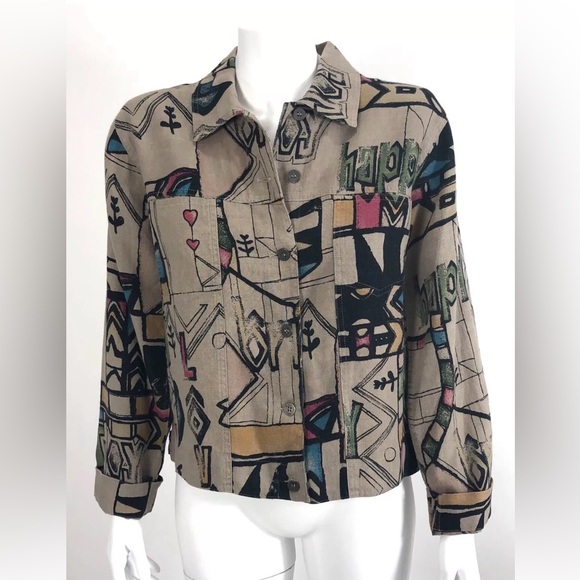 Chico's Linen Jacket LOVE HAPPY JOY Abstract Graffiti - Picture 2 of 12